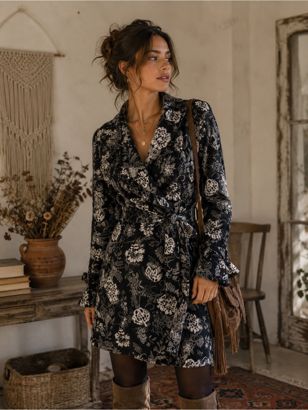 1216 Kary Jacket Coat Black & White Floral Tapestry Ruffle Trim Size XS